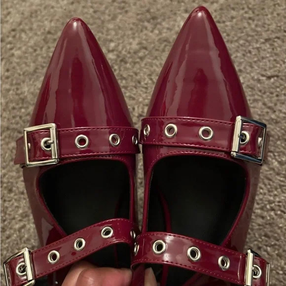 Women's Burgundy Patent Leather Buckle Flats - Picture 5 of 6